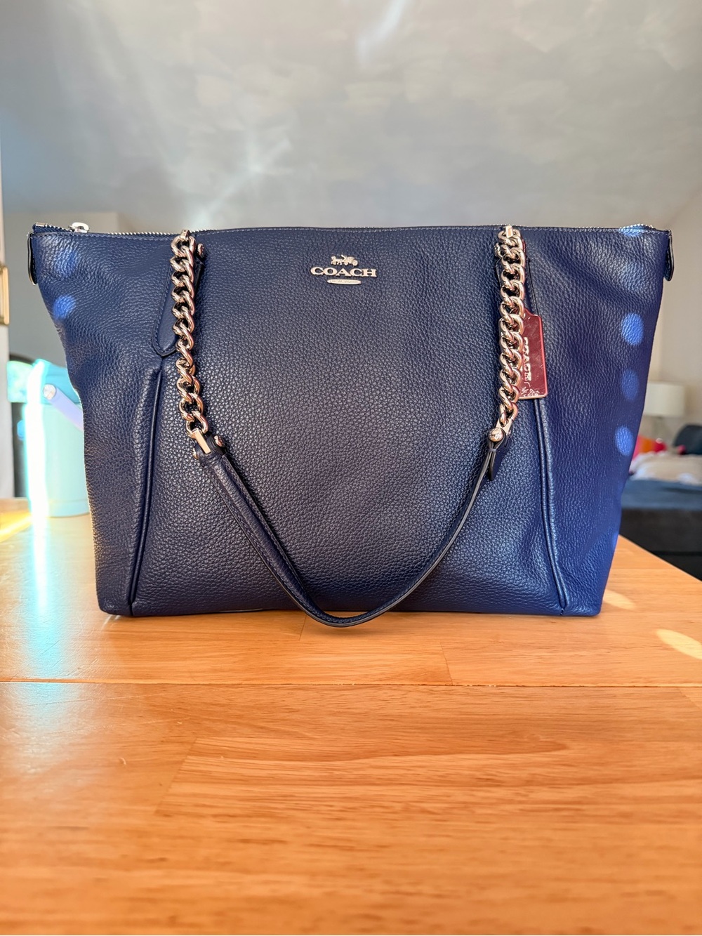 Coach Navy Pebbled Leather Tote with Silver Chain Handles